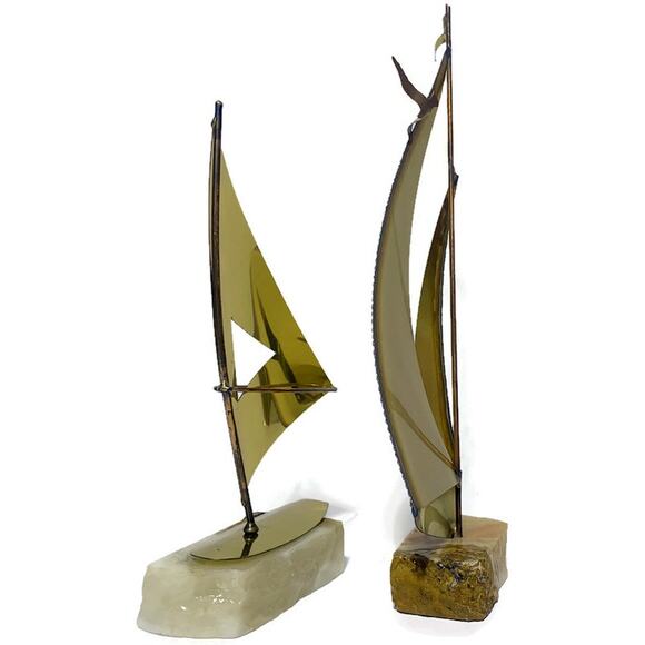 Sailboat Nautical Metal Art Brass Copper & Steel On Stone Onyx Base Set of Two - Picture 6 of 10